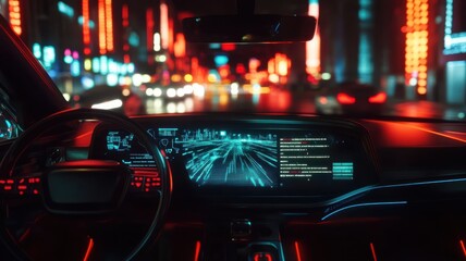 Self-driving car with AI holographic dashboard, futuristic interior design. Robotic cars