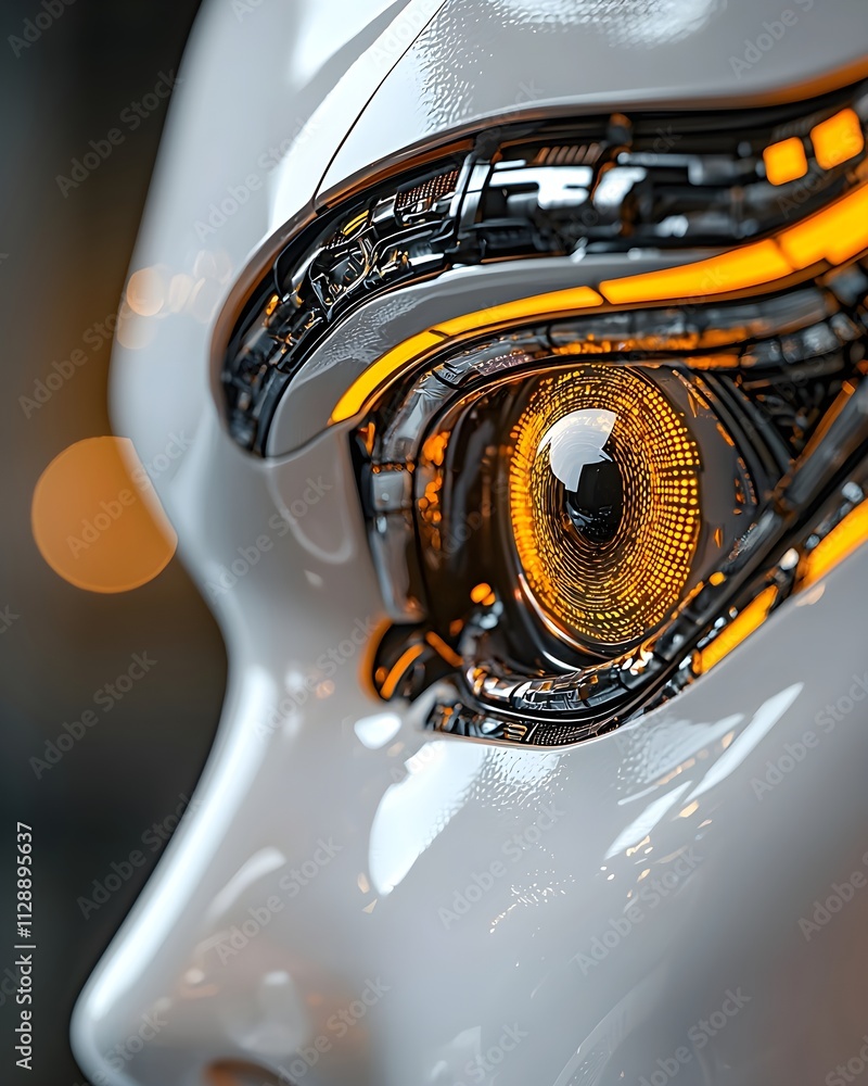 Poster Close-Up of a Futuristic Robotic Eye with Intricate Mechanics and Illuminated Elements