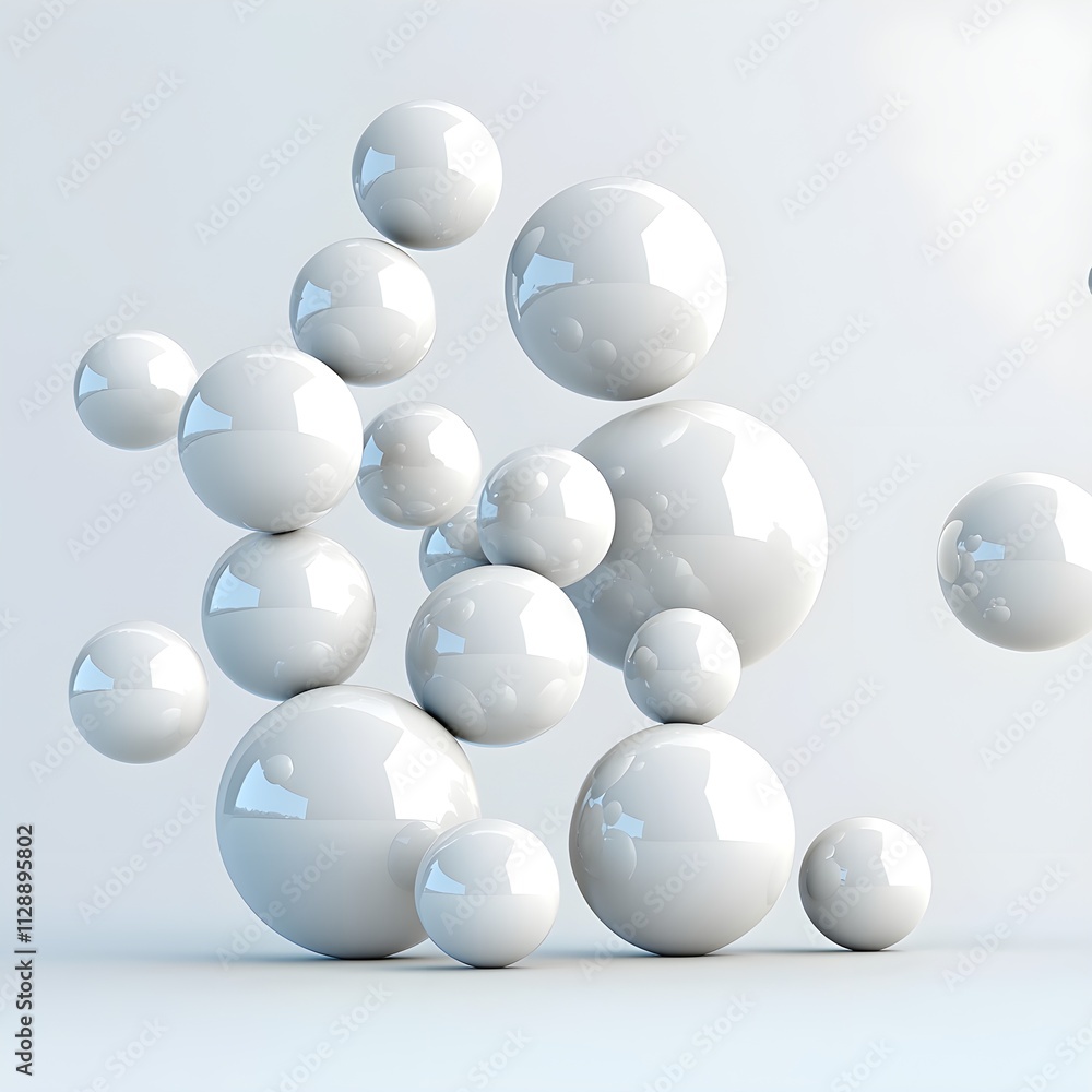 Poster 3d render of floating white spheres in modern minimalist style with soft shadows and glossy finish