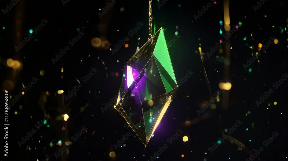 Poster faceted glass ornament with green and purple reflections is hanging on a string and slowly rotating 
