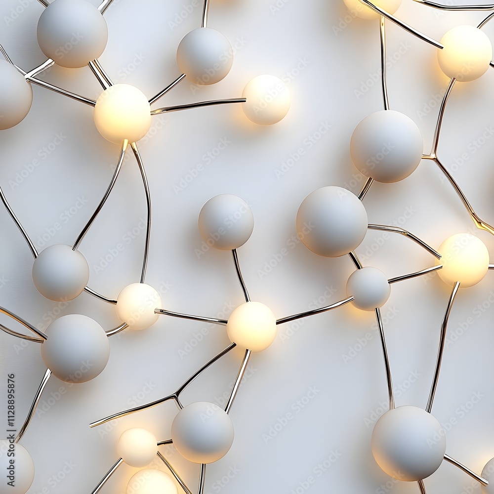 Poster abstract connection of luminous spheres on a light background, showcasing networks and nodes of illu