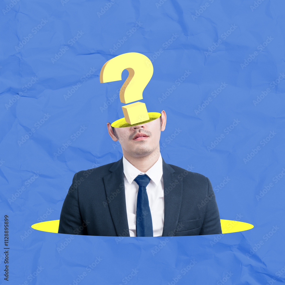 Poster a businessman with a question mark head thinking about something on a colored background