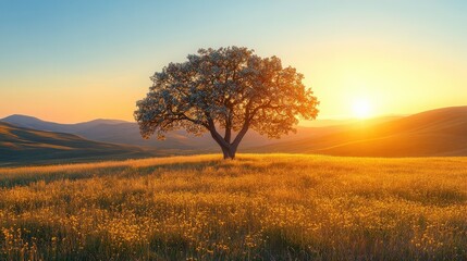 Fototapeta premium Serene Sunset Over Vibrant Golden Field with Majestic Lone Tree and Rolling Hills in the Background, Capturing the Tranquility of Nature's Beauty
