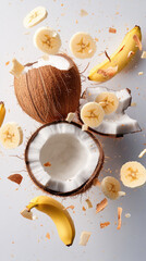 Fototapeta premium coconut and banana explosion seen from above. Extra simple background