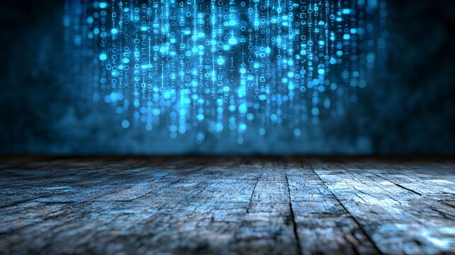 Digital rain of binary code over a rustic wooden floor