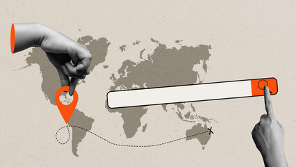 The human hand puts a location pin on the world map and searches the location name on the search bar with a colored background © Leo Lintang