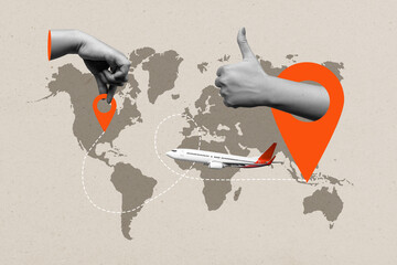 The human hand puts a location pin on the world map with a flying airplane and thumb up gesture on...