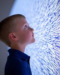 Young boy captivated by mesmerizing light display