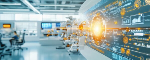 A futuristic laboratory setup with digital interfaces showcasing data analytics, technology integration, and robotic equipment in a sleek, modern environment.