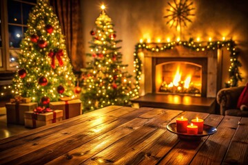 Cozy Night Scene Featuring an Empty Wooden Table Top with a Blurred Festive Background of a Warm Fireplace and a Beautifully Decorated Christmas Tree