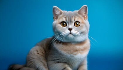 A fluffy cat with striking eyes against a blue background.