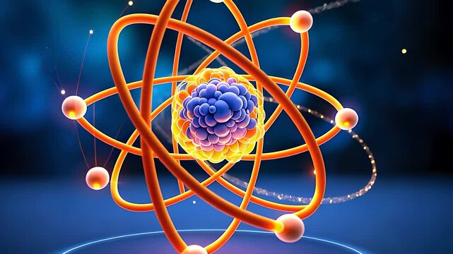 Atomic Structure Model with Glowing Orbitals and Vibrant Core in a Futuristic Science Concept

