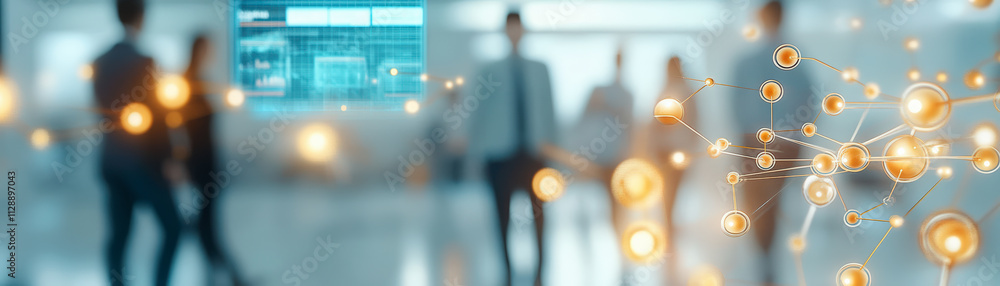 Poster a futuristic office scene with blurred professionals, digital interface display, and interconnected 