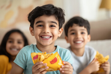 Indian boys and girls sitting on a sofa, one boy standing behind them, happy expressions, holding potato chips