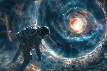Fototapeta premium Astronaut floating in space near massive spiral black hole, cosmic nebula with swirling turquoise and orange colors, dramatic space exploration scene