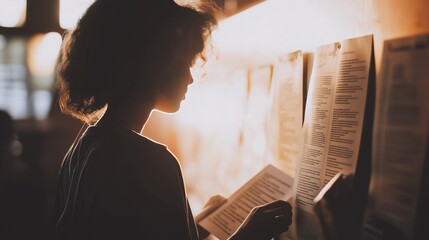 Person standing in front of a job listings board, scanning opportunities with a focused expression. The scene conveys the pursuit of career advancement and the search for meaningful employment.