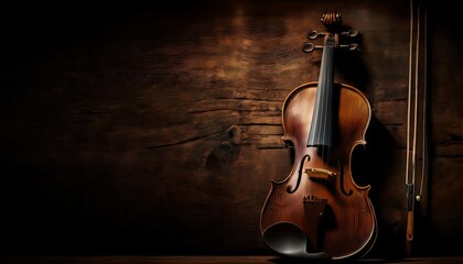 Fototapeta premium A violin and bow resting on a wooden surface.