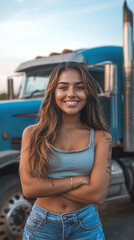 Young woman with tattoos smiling in front of vintage blue truck outdoors