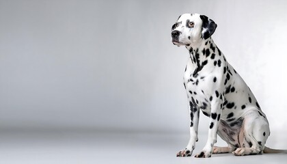 A Dalmatian dog sitting against a neutral background.
