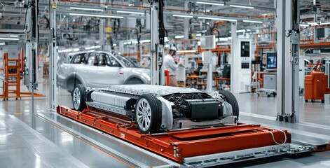 Electric vehicle battery pack on assembly line in modern factory