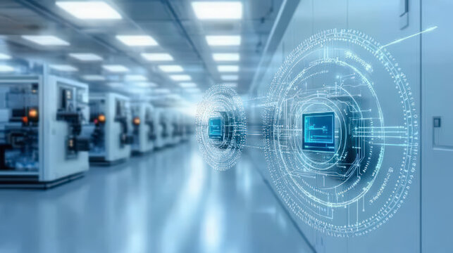 High-tech semiconductor manufacturing facility showcasing advanced machinery, digital interfaces, and futuristic technology in a clean, well-lit environment.
