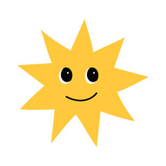 Cute yellow star with rays and a joyful face. Simple flat cartoon design for fun illustrations, kids’ projects, or decorative elements. Isolated on a white background.