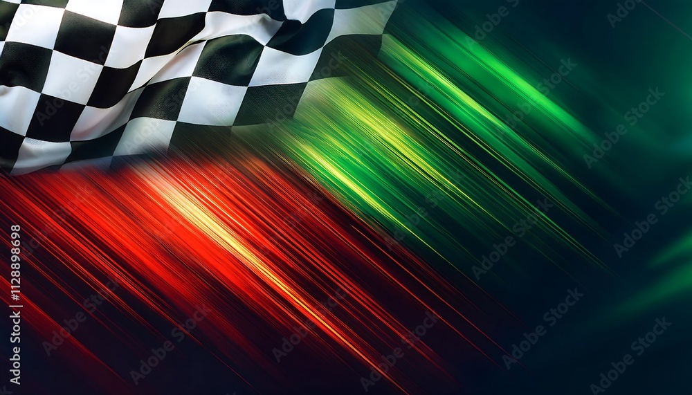 Poster Checkered flag with dynamic color streaks.