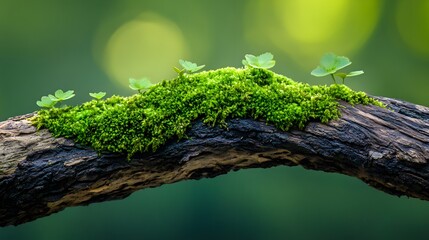 Detailed forest&nbsp;scene captures moss-covered tree&nbsp;branch texture against blurred woodland background, showcasing natural&nbsp;decay and regeneration in intimate&nbsp;botanical composition.