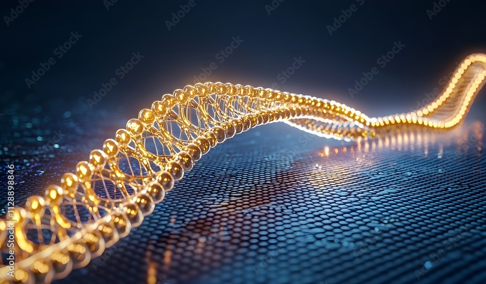 Poster abstract representation of a glowing dna strand with light reflections on a dark, futuristic backgro
