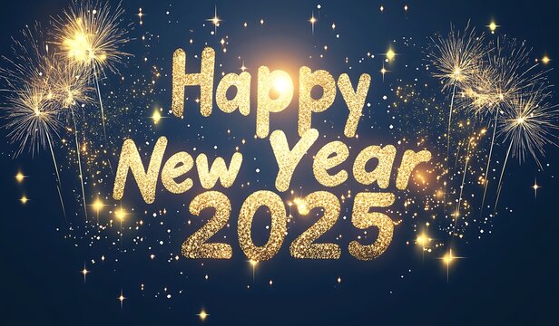 Happy New Year 2025 Sparkler Text with Glowing Effect on Blue Background