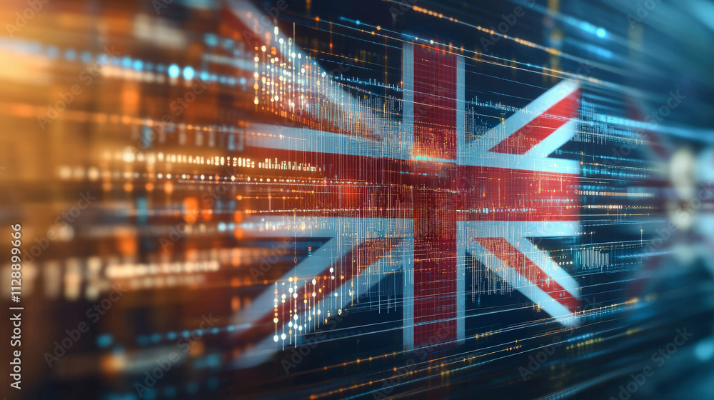 Poster a digital representation of the uk flag with data lines and technology elements, symbolizing innovat