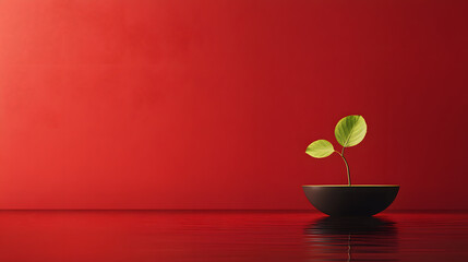 Minimalist Plant in Red Bowl on Red Background