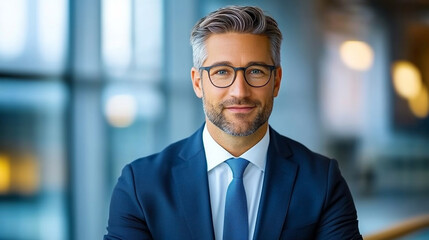 Naklejka premium Confident businessman in modern office building, smiling.