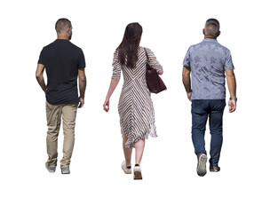 Trois amis en promenade, une femme et deux hommes, vus de dos, c'est l'été il marche tranquillement