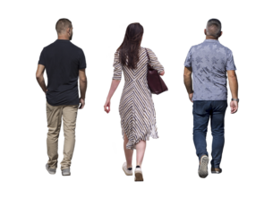 Trois personnes en promenade, une femme et deux hommes, vus de dos, petite promenade d'été