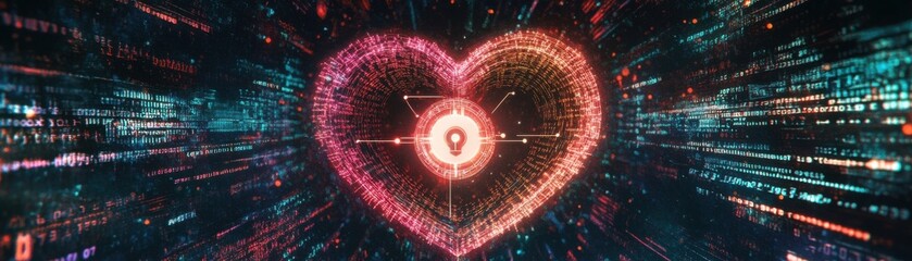 Obraz premium A vibrant, digital heart surrounded by glowing data, symbolizing connectivity and love.