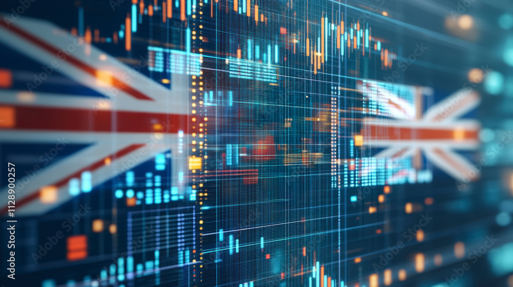 Poster digital representation of the uk flag overlaying a financial graph with data points and stock market