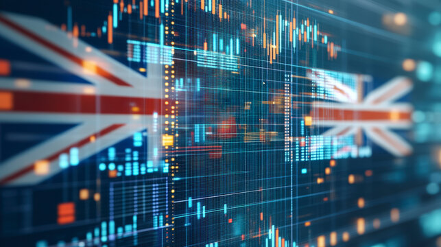 Digital representation of the UK flag overlaying a financial graph with data points and stock market graphs, symbolizing economic trends and analysis.