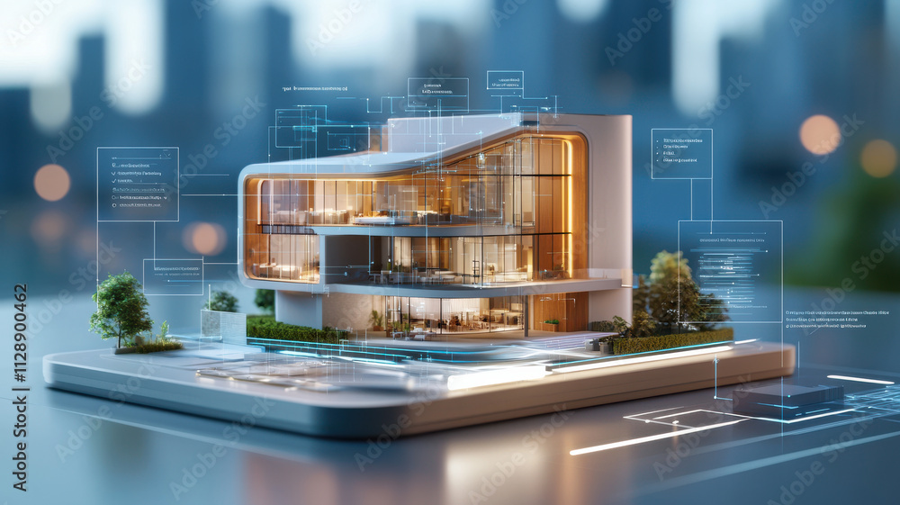Poster modern building displayed on architectural plans, showcasing design features