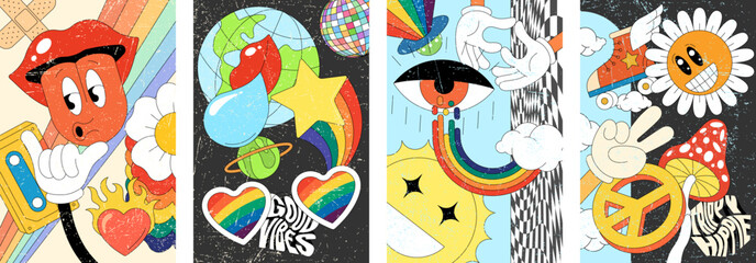 Psychedelic hippie poster collection with retro wallpapers. Groovy 60s and 70s inspired bold patterns featuring vibrant abstract art and vintage decorative designs