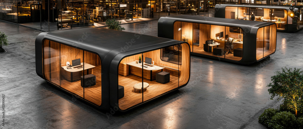 Poster modern modular office spaces with sleek design and warm interiors