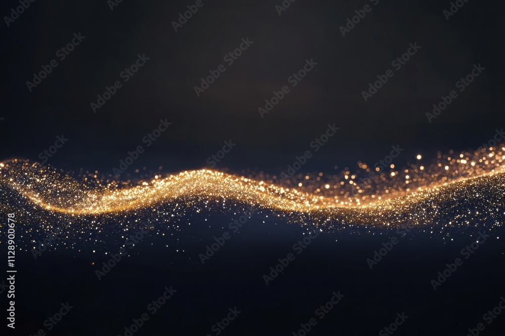 Poster the shimmering golden glitter wave flows smoothly against a dark background, providing a perfect are