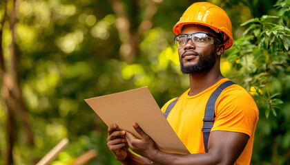 focused construction worker in orange shirt and hard hat reviews plans outdoors