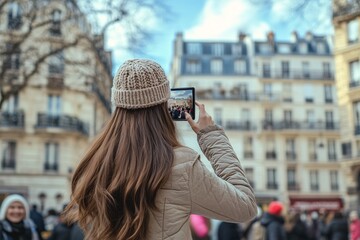 Slavic girl with long brown hair, capturing a photo on her phone of tourists near the old Parisian buildings, sunny day, close-up of her face, happy and enthusiastic 1