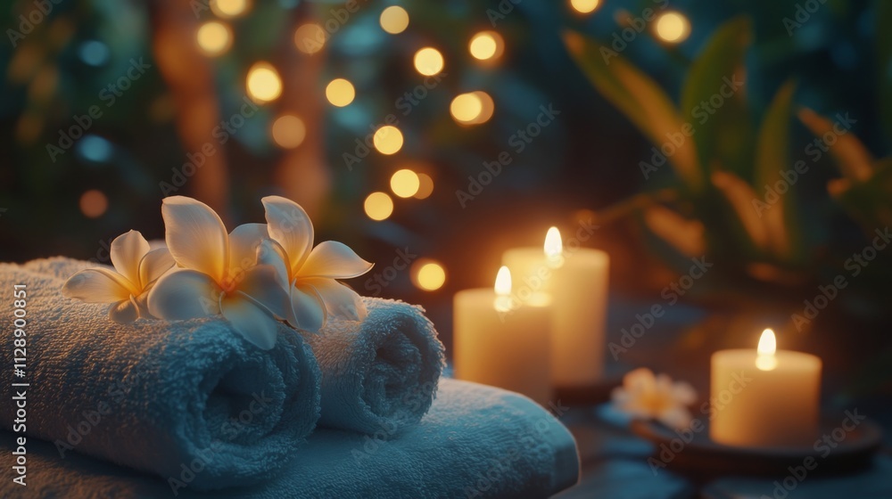 Poster soft towels and delicate flowers are arranged beside lit candles in a serene atmosphere. warm lighti