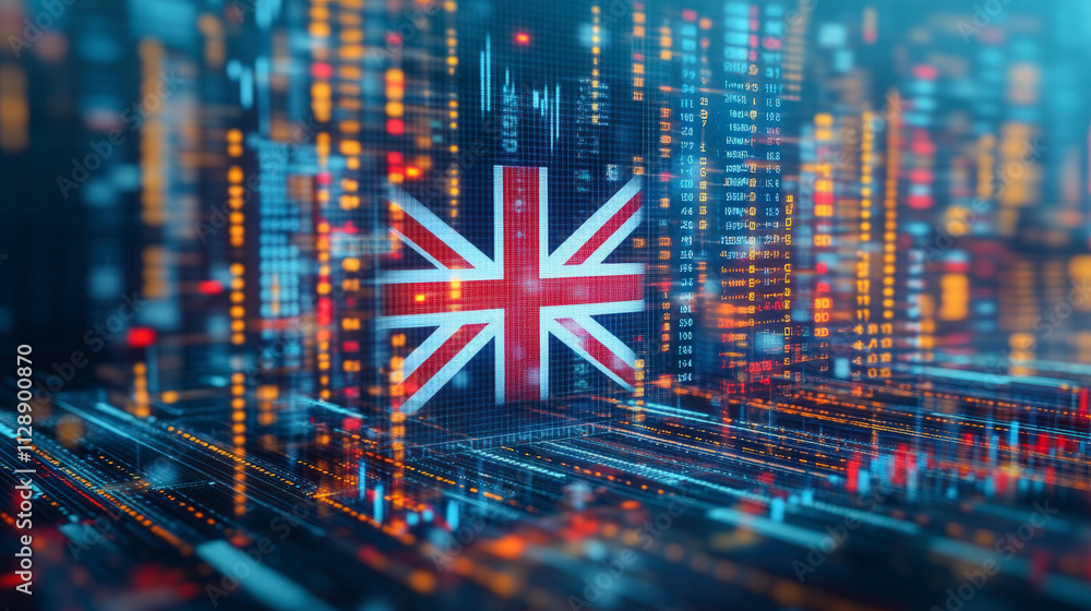 Poster digital abstract background featuring the uk flag surrounded by futuristic data streams, symbolizing