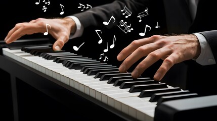 Fototapeta premium close-up of a man’s hands playing a piano, with musical notes flowing out of the keys, visually representing the harmony between music and written notation. [men's]:[NOTE , MUSIC] 