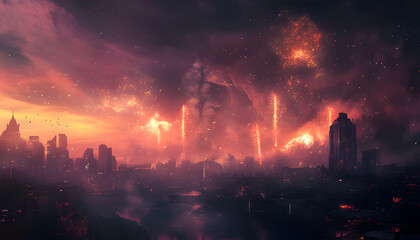 Fiery Fireworks Display Over Cityscape at Sunset