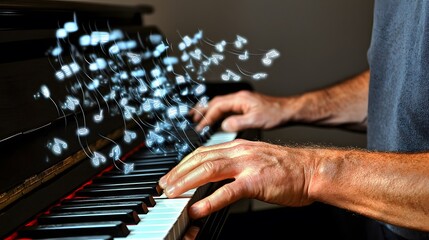 Fototapeta premium close-up of a man’s hands playing a piano, with musical notes flowing out of the keys, visually representing the harmony between music and written notation. [men's]:[NOTE , MUSIC] 