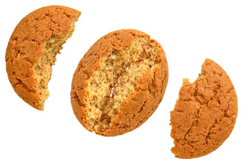 Oatmeal cookies broken in half. Isolated on a transparent background.